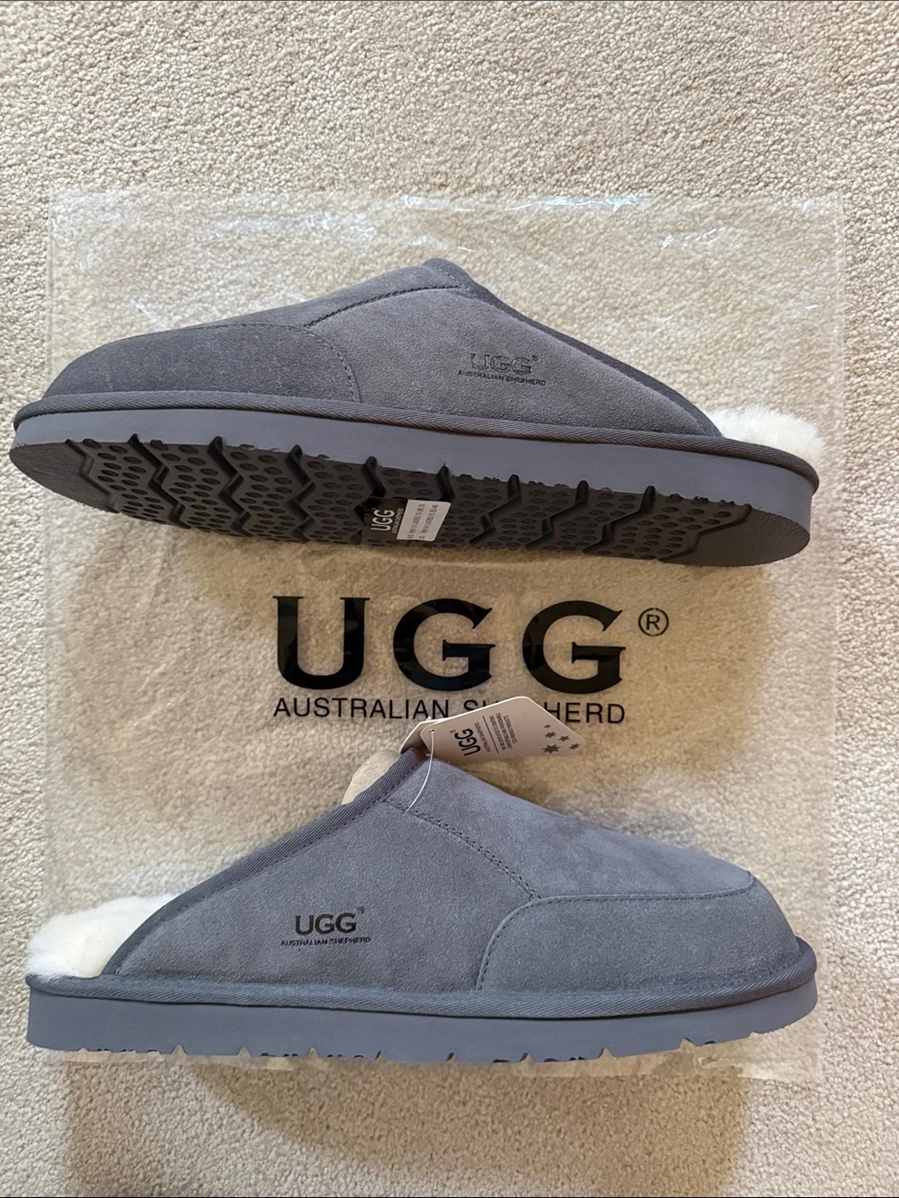 UGG Men's Gray Suede Sheepskin-Lined Slip-Ons